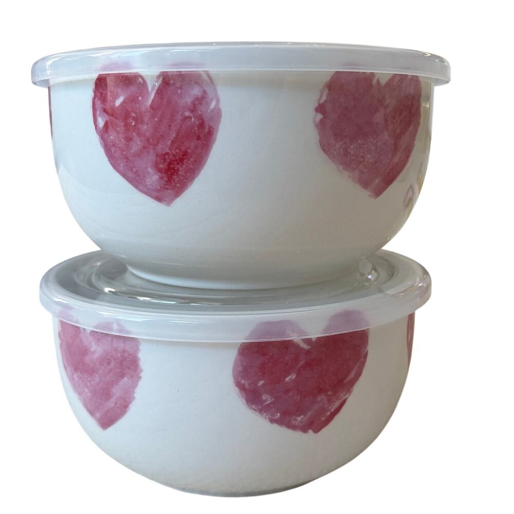 2pc Maxcera Vented Lidded Storage Bowls 6in Ceramic Pink & Red Hearts Love NEW
